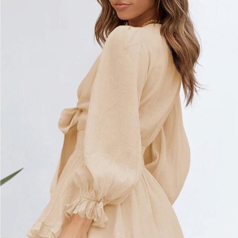 Beige Puff Sleeve Mini Dress - Picture 3 of 4